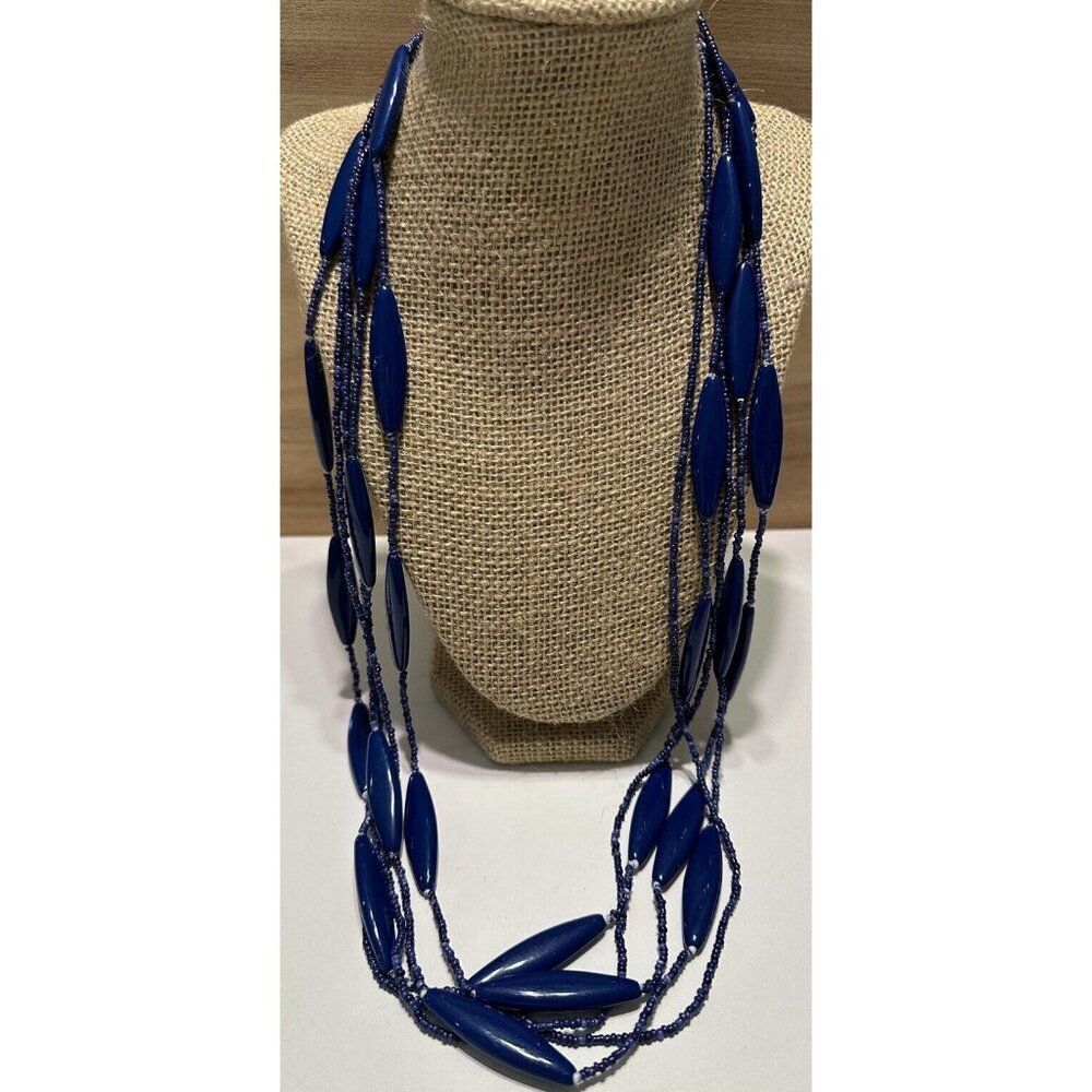 Vintage 5 Strand Blue Seed Bead Necklace Barrel Layered 32”L